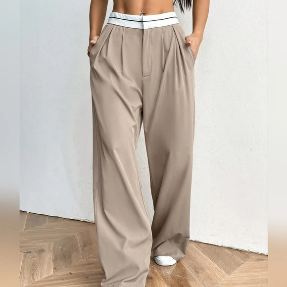 Contrast Color Pocket Casual Suit Wide-Leg Pants - Picture 1 of 6